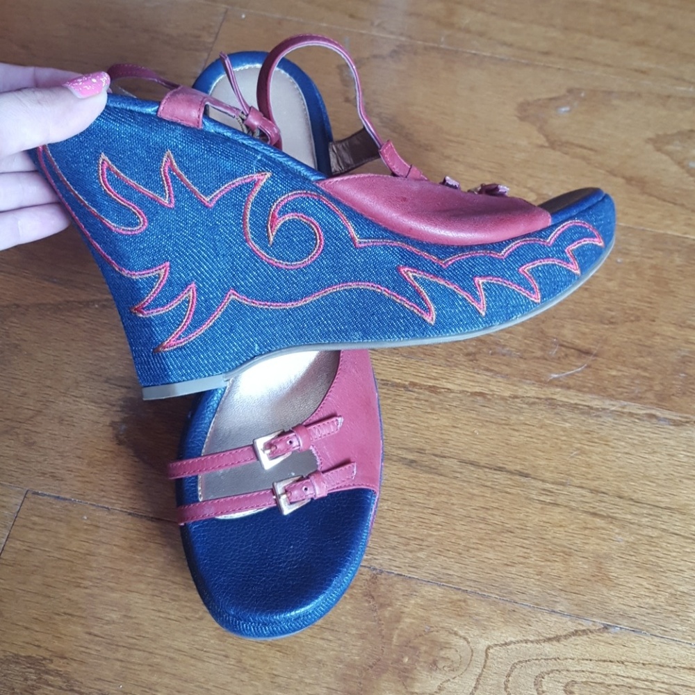 Excellent Condition Leather & Denim Wedges